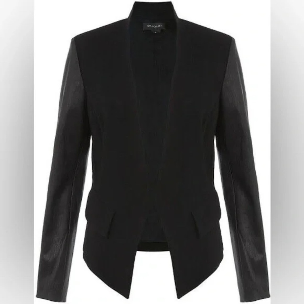 St. John Caviar Black Lamb Leather Open Front Blazer Jacket
